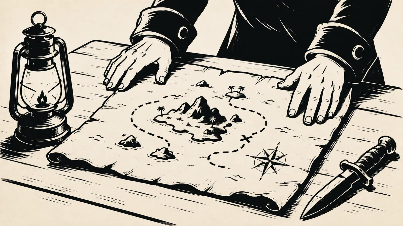 Ink panel: two hands spread an old sea chart across a table beside a lantern and a knife
