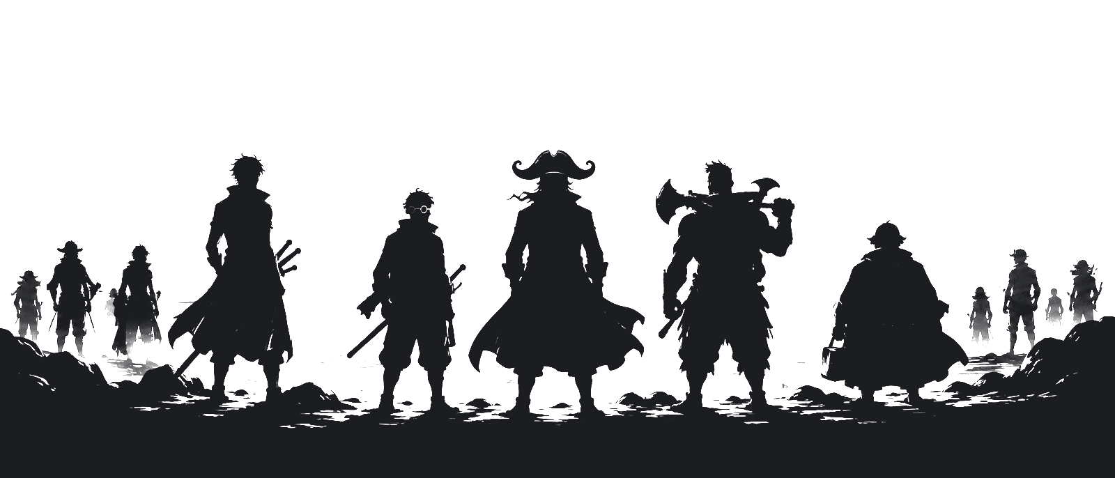 An original ink silhouette of a legendary pirate crew facing the final island