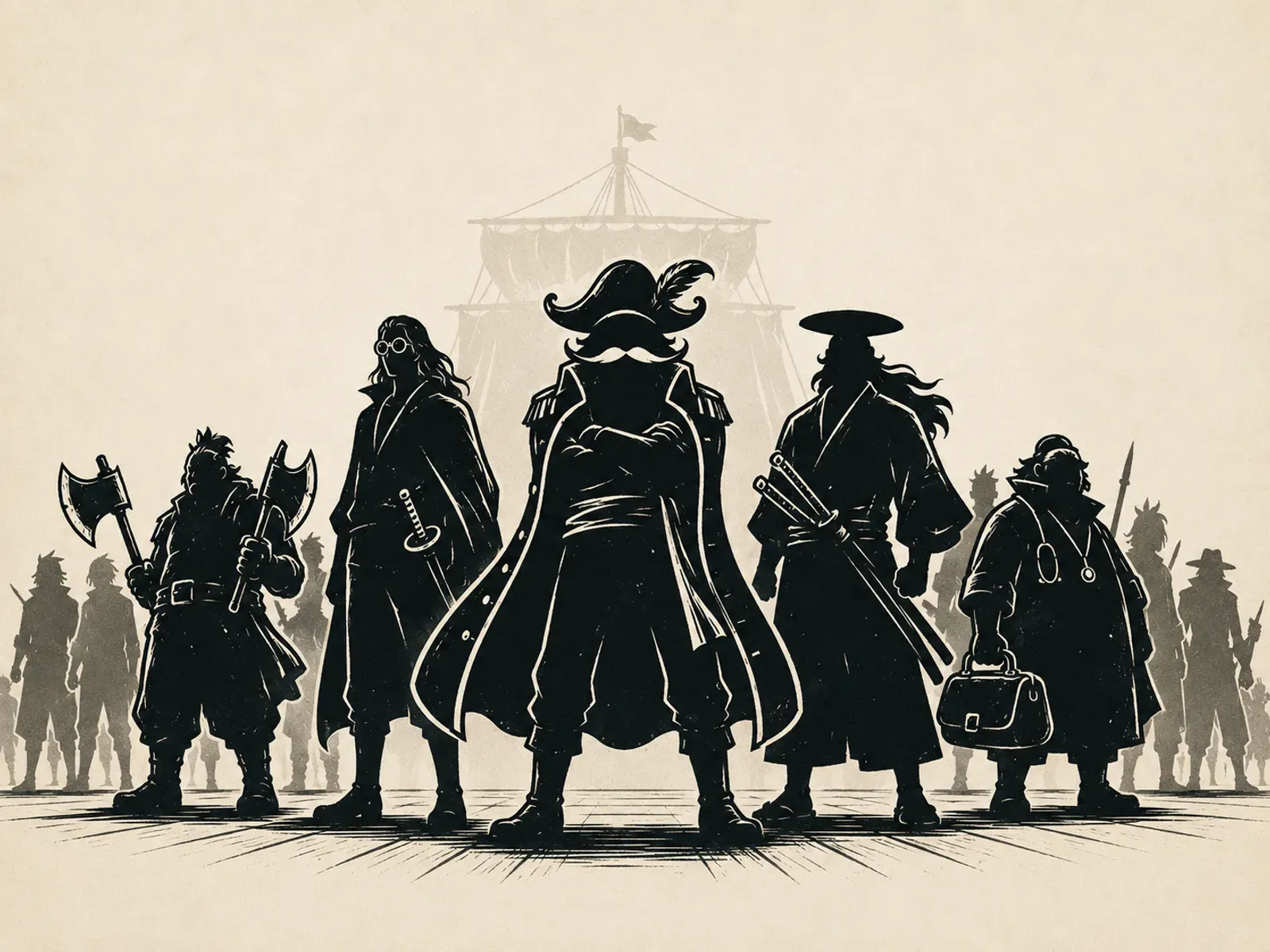 An original ink silhouette of the assembled crew standing before their ship