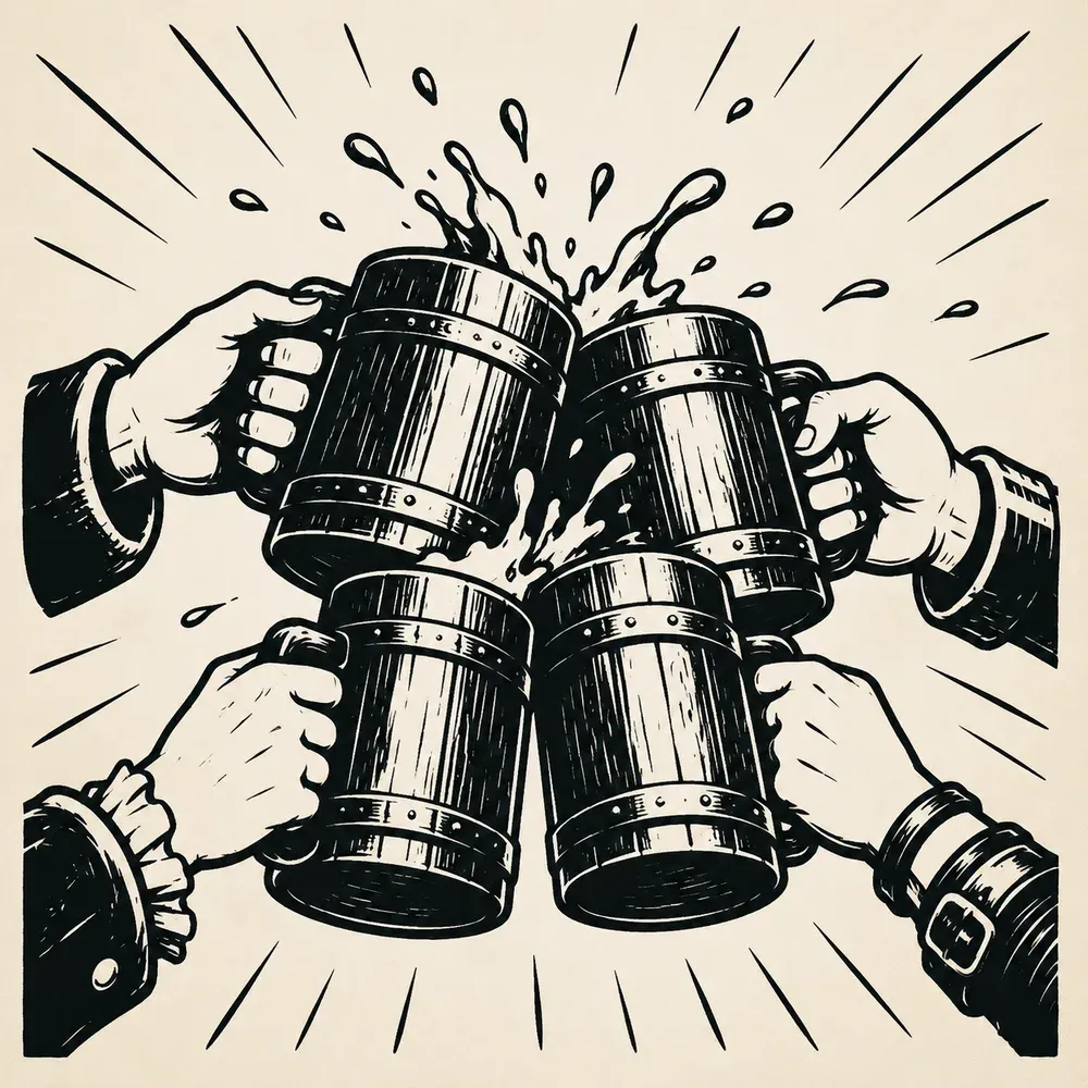 Ink panel: wooden mugs crash together in a toast, drink flying, burst lines behind