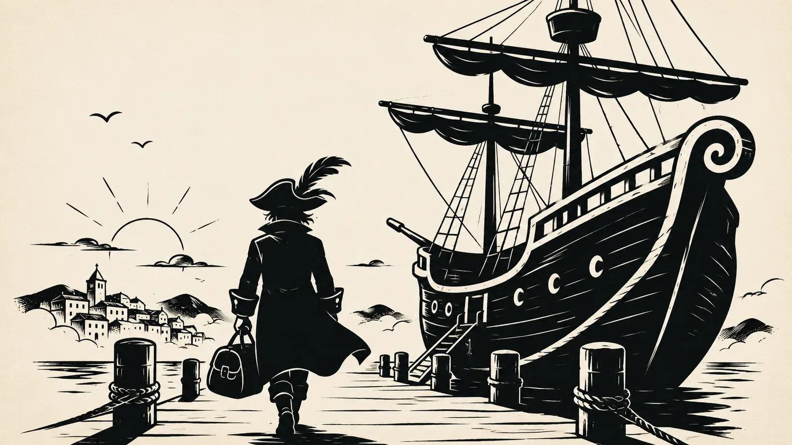 Ink panel: a captain carrying a bag walks the pier toward a tall ship at dawn