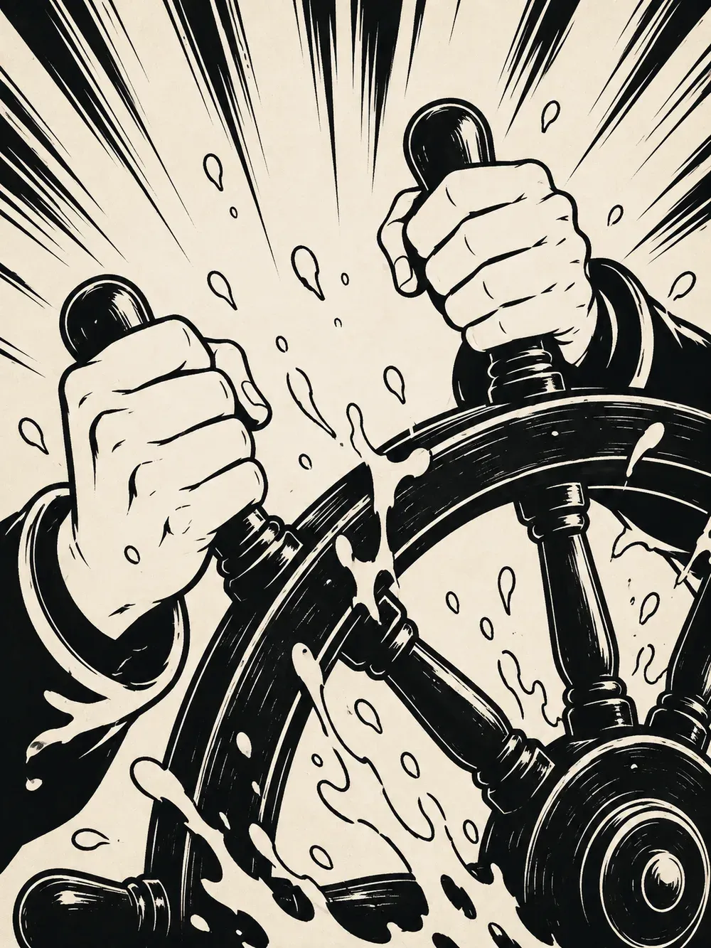 Ink panel: two hands grip the ship's wheel hard as spray flies, speed lines bursting behind