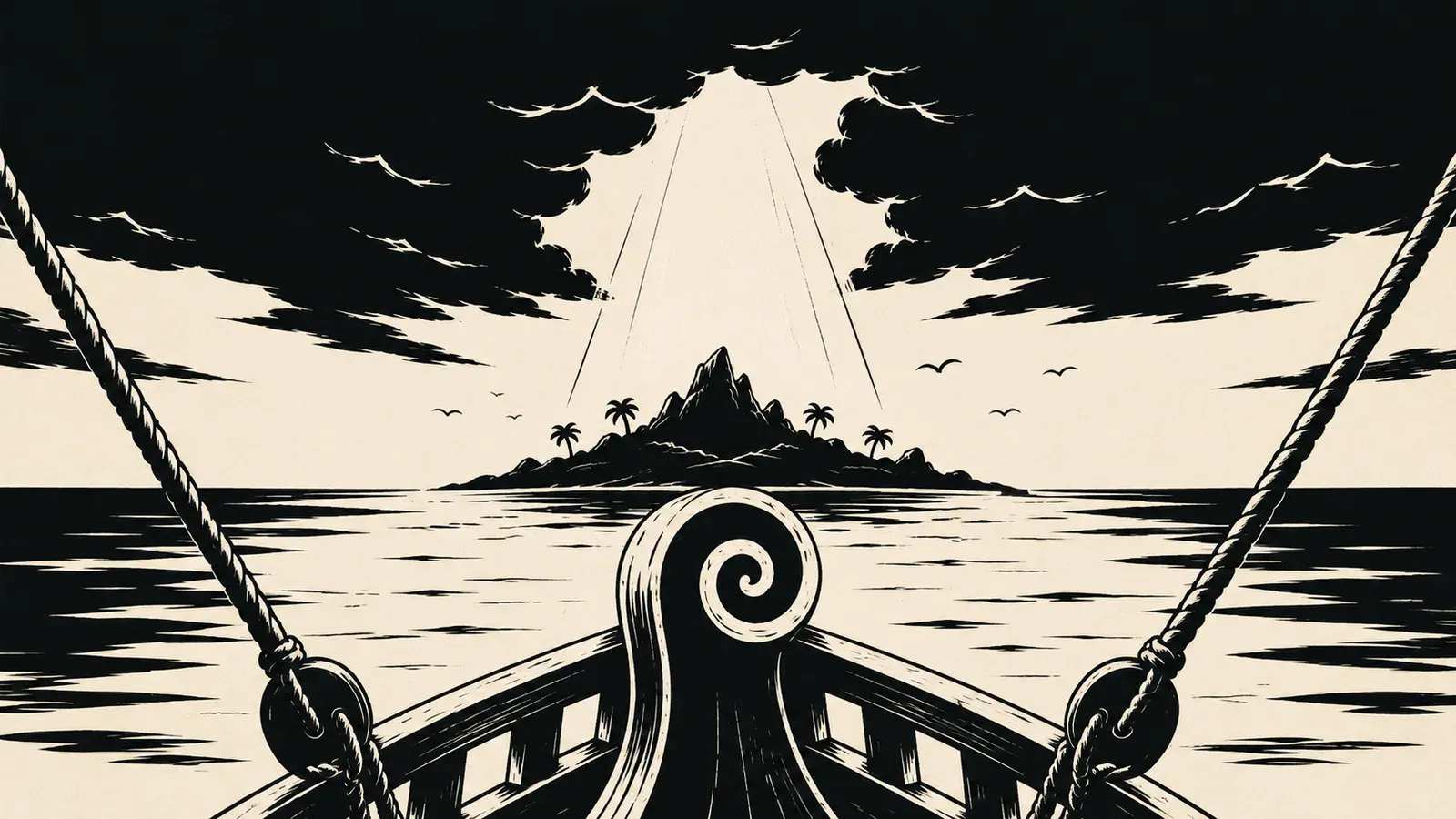 Ink panel: from the ship's bow, a shaft of light breaks the clouds over a distant island