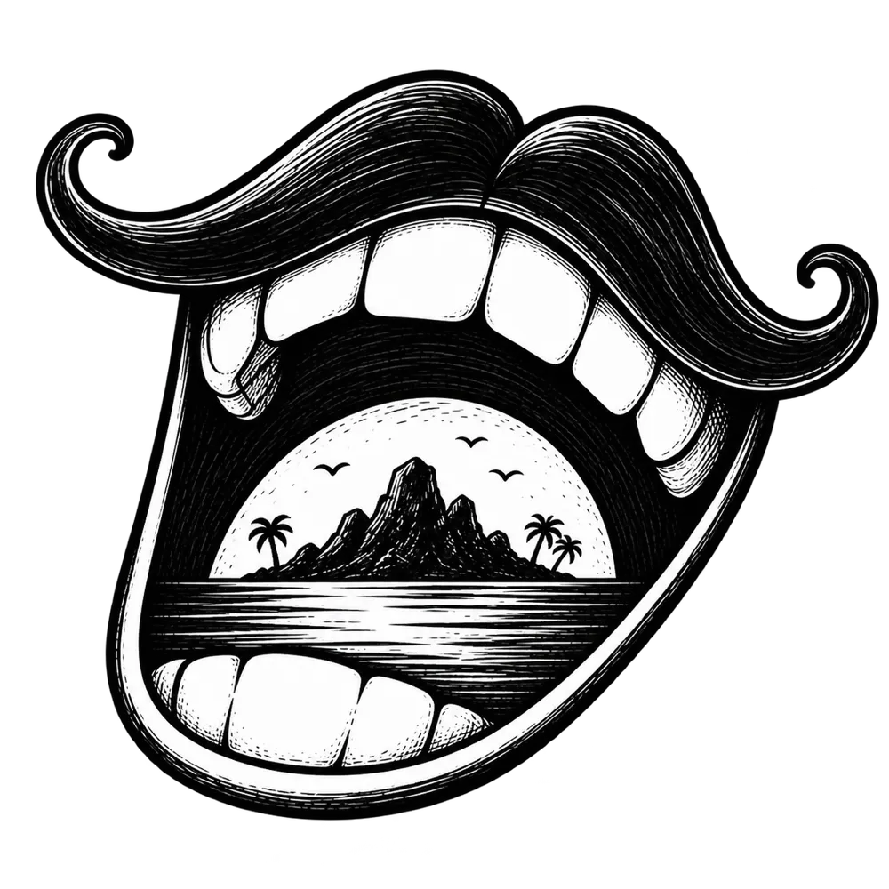 Laugh Tale — a laughing, mustached mouth with an island seascape inside