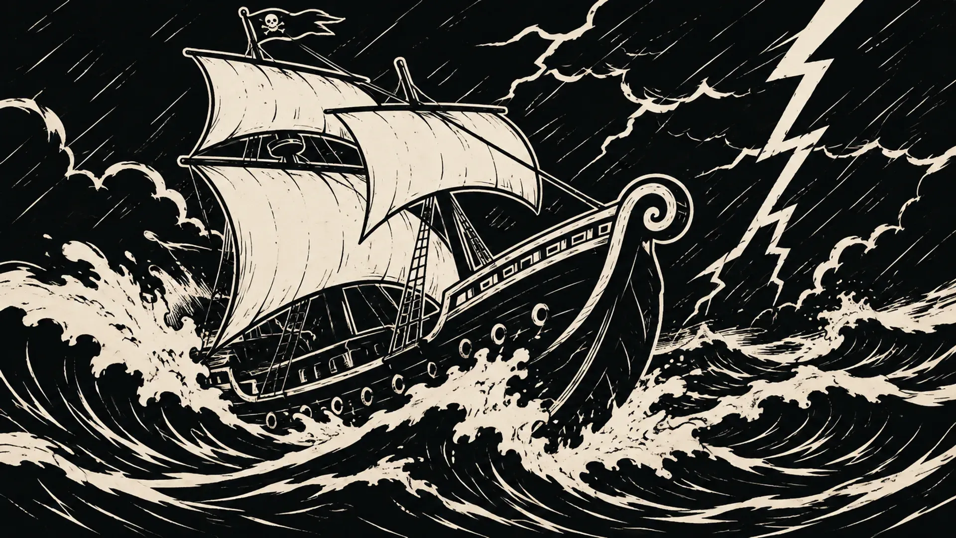 Ink splash panel: a tall ship heels through towering storm waves as lightning splits the sky